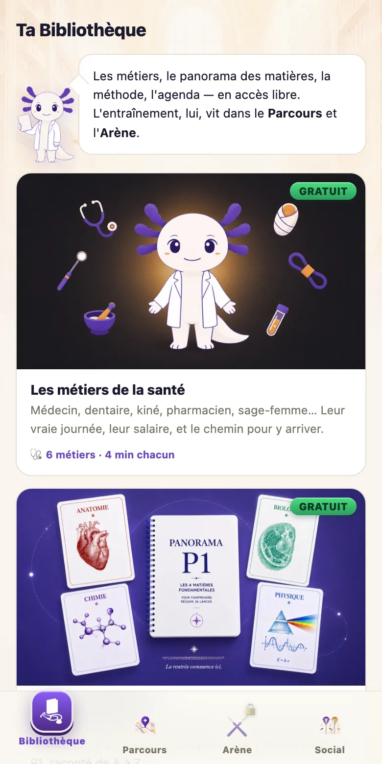 L'écran Bibliothèque de l'app Medeos : les métiers de la santé et le panorama des quatre matières, en accès libre