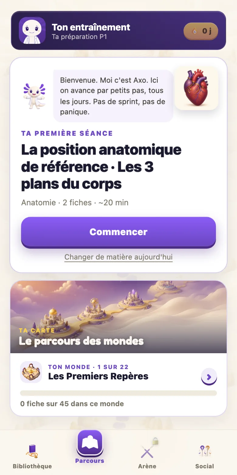 L'écran Parcours de l'app Medeos : la séance du jour, deux fiches d'anatomie, et la carte des mondes
