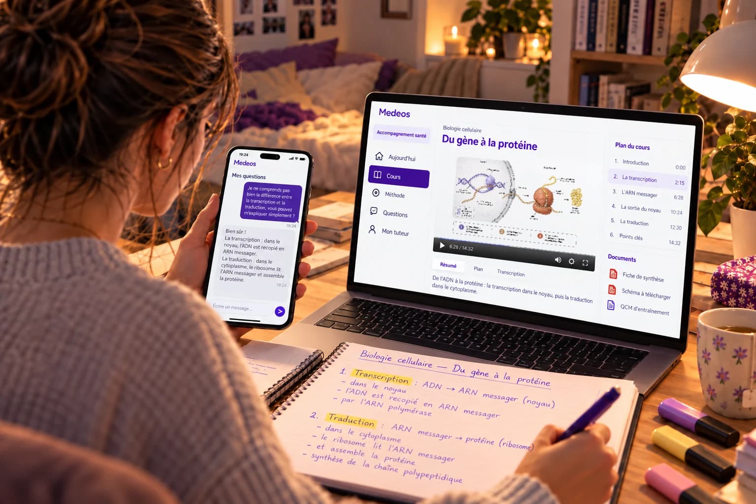 Le soir, une étudiante en première année suit le cours vidéo « Du gène à la protéine » dans son espace Accompagnement santé, pose une question de cours sur son téléphone et prend des notes sur son cahier.