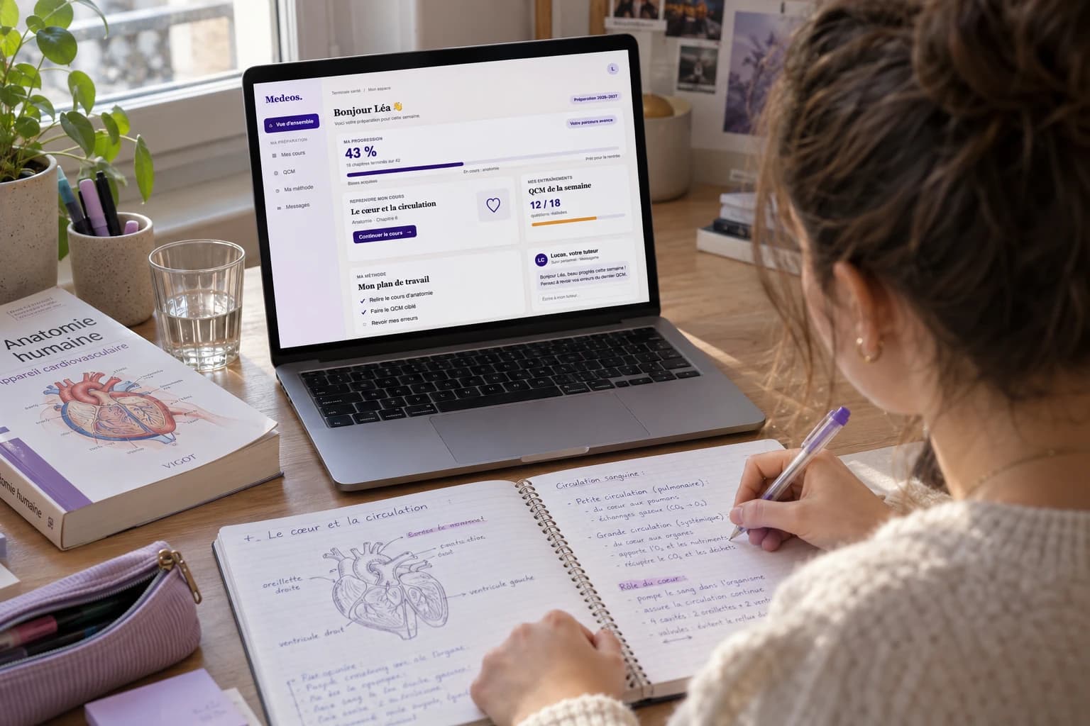 Une étudiante prend des notes à son bureau, devant son ordinateur et un livre d’anatomie