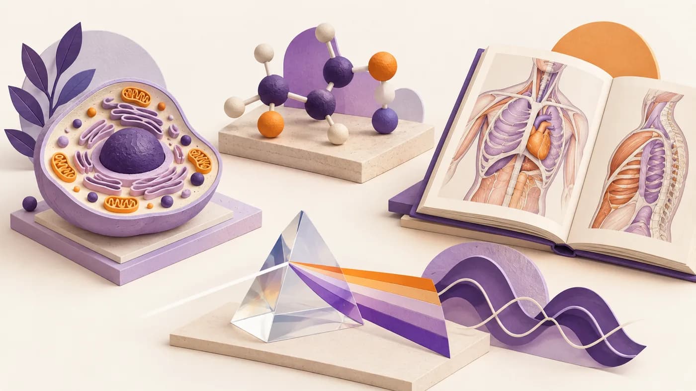 Une cellule, une molécule, un prisme et un livre d’anatomie ouvert, posés sur des socles clairs