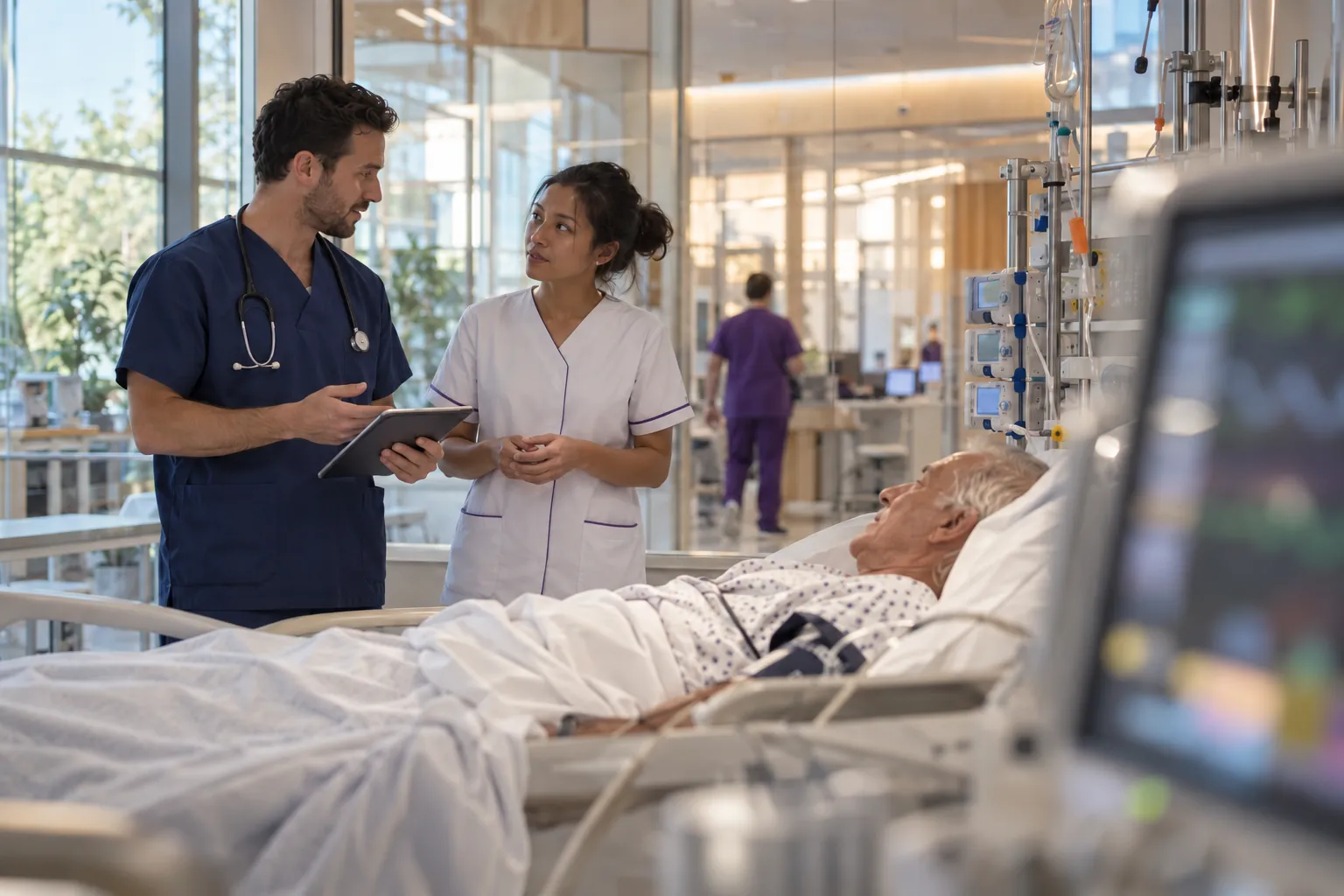 Dans une unité de soins intensifs de cardiologie, un médecin et une infirmière échangent au pied du lit d’un patient âgé relié à un moniteur.