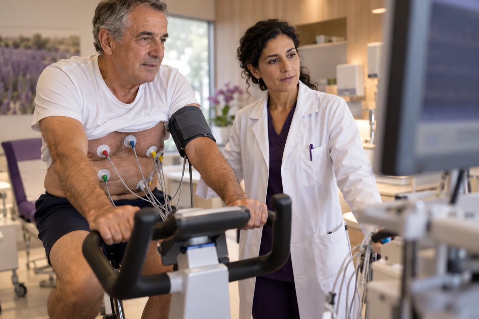 Un homme d’une soixantaine d’années pédale sur un vélo d’épreuve d’effort, électrodes sur le thorax et brassard de tension ; une cardiologue suit le tracé à côté de lui.