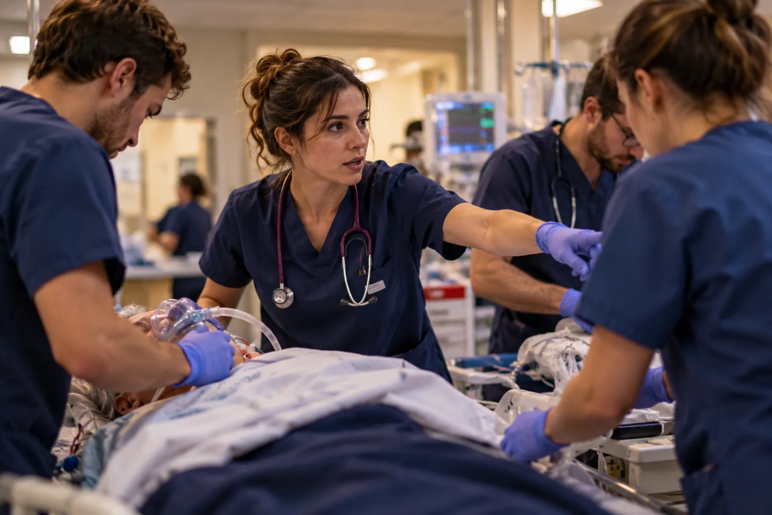 En salle d’accueil des urgences vitales, une médecin urgentiste coordonne trois soignants autour d’un brancard où un patient reçoit de l’oxygène.