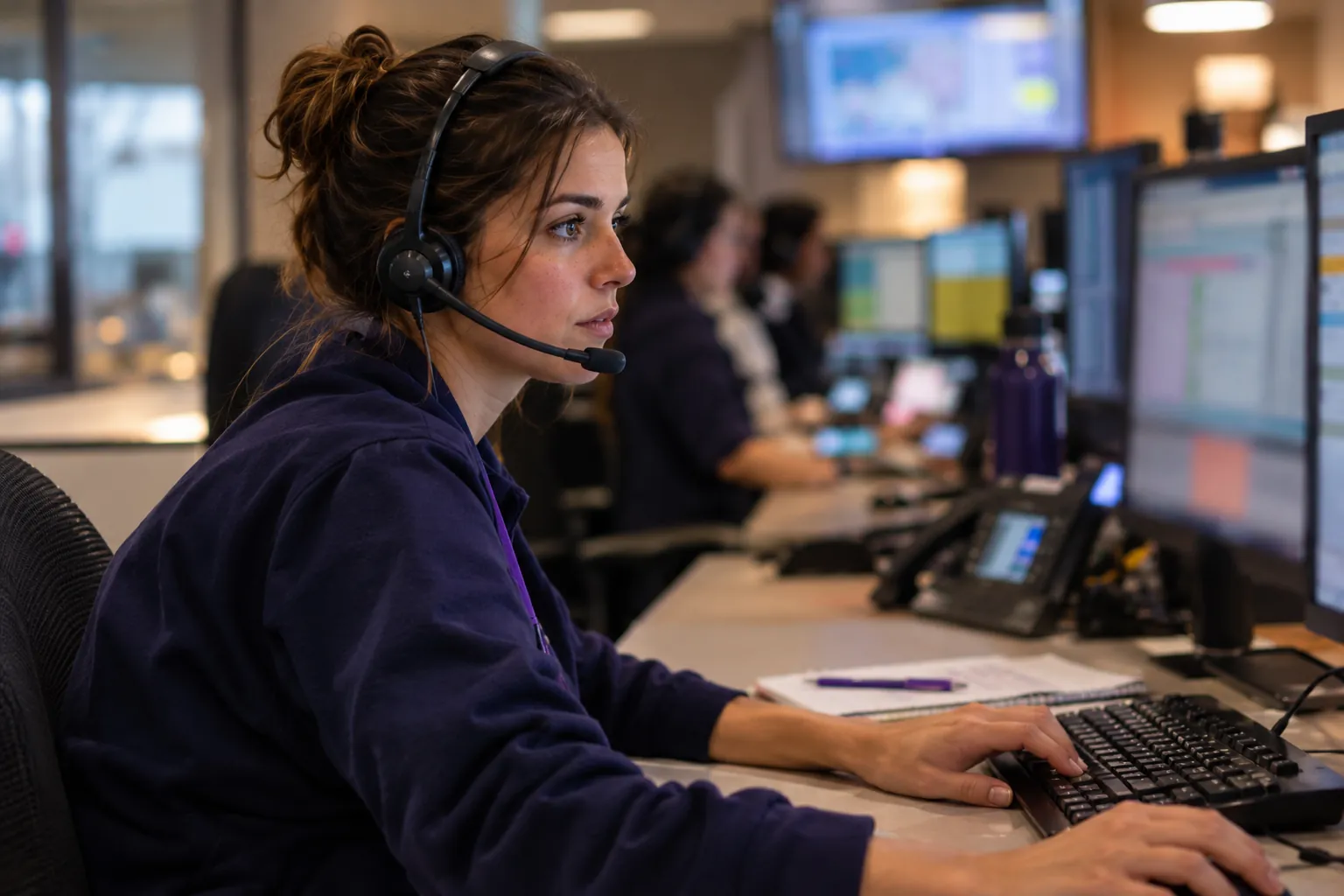 Dans la salle de régulation du Samu, une médecin avec un casque-micro, concentrée devant ses écrans.