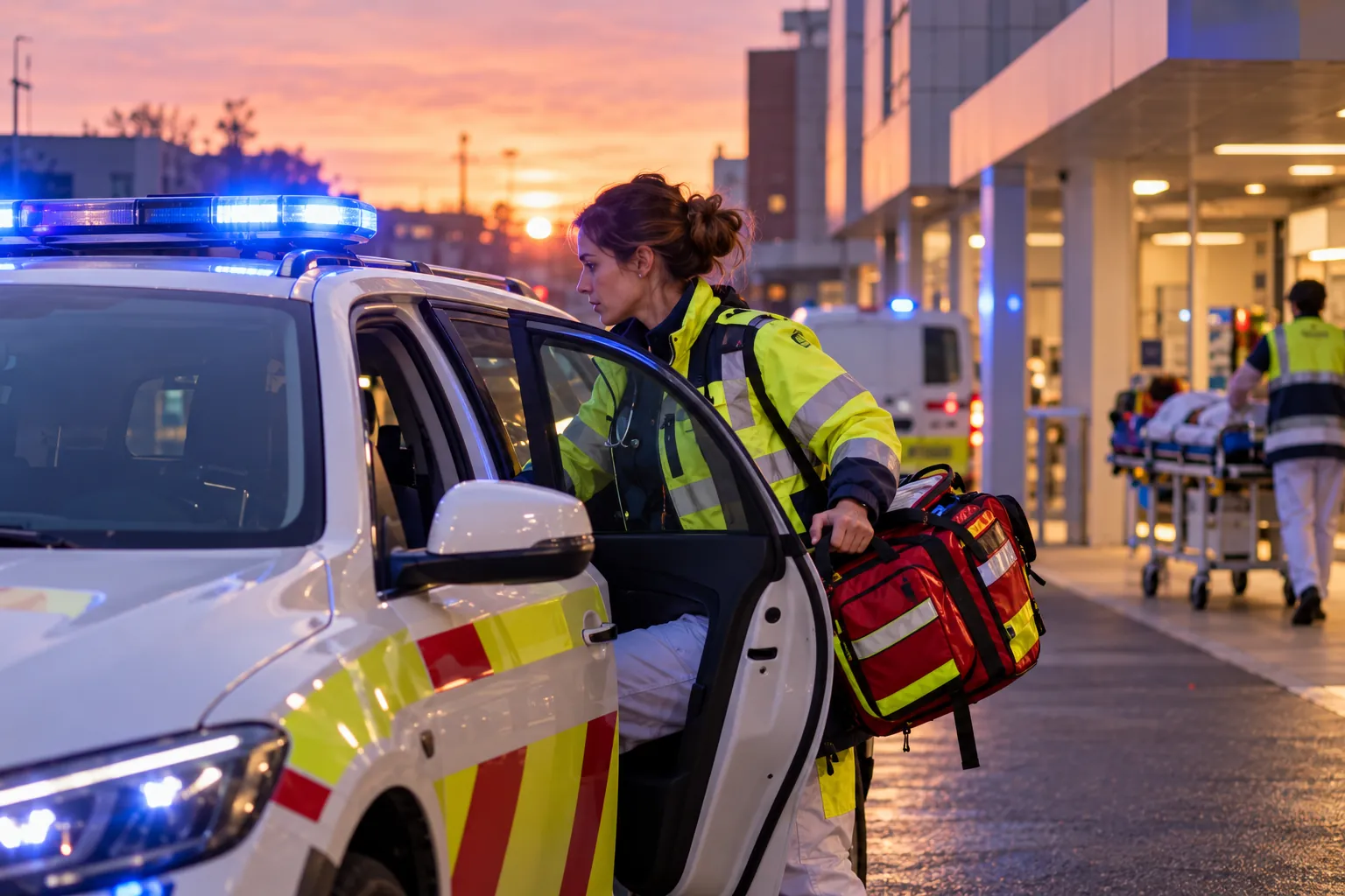 À l’aube, devant l’hôpital, une médecin en tenue d’intervention monte dans un véhicule du SMUR aux gyrophares bleus, un sac d’intervention à la main.