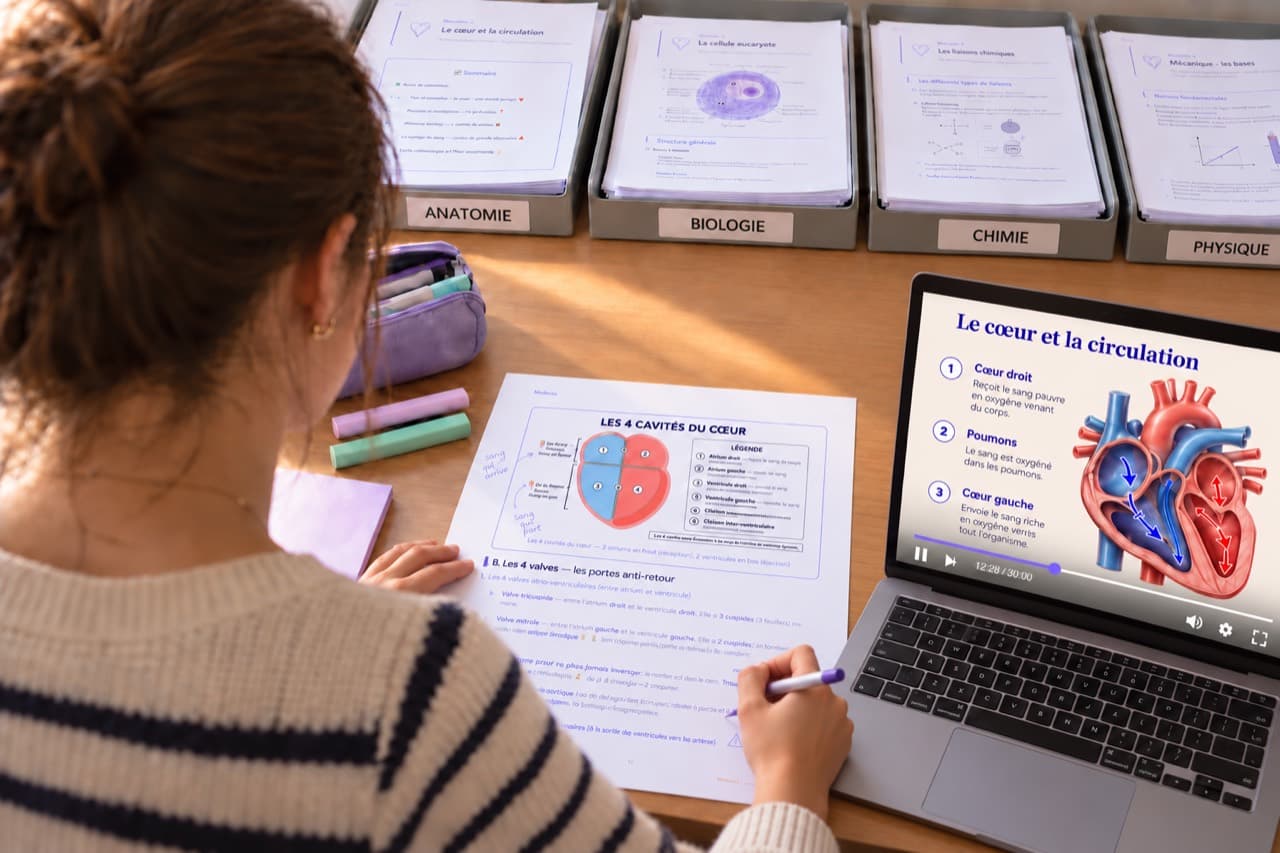 Une élève annote sa fiche sur le cœur en suivant un cours vidéo Medeos sur ordinateur.