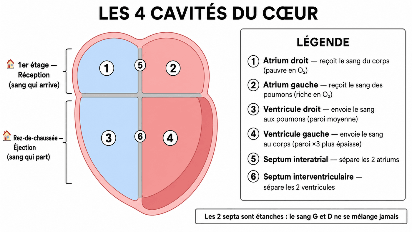Les 4 cavités du cœur : 2 oreillettes en haut, 2 ventricules en bas