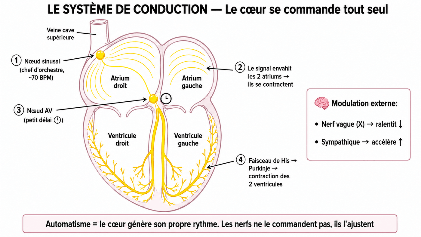 Système de conduction du cœur : nœud sinusal, nœud AV, faisceau de His, fibres de Purkinje