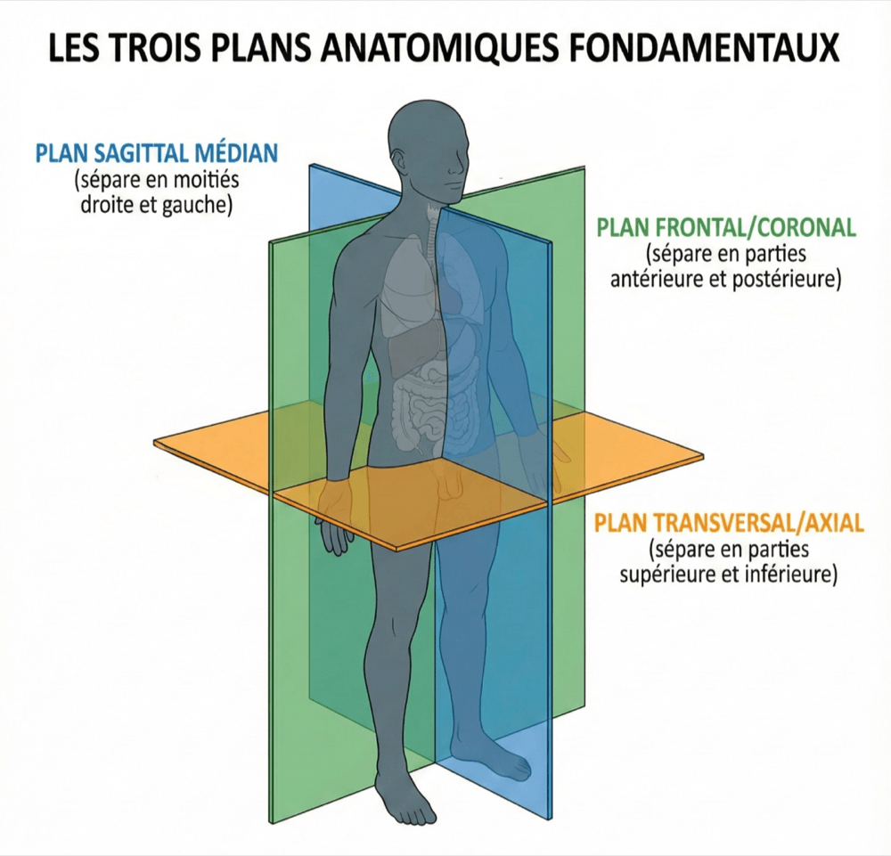 Les trois plans anatomiques - sagittal, frontal, transversal