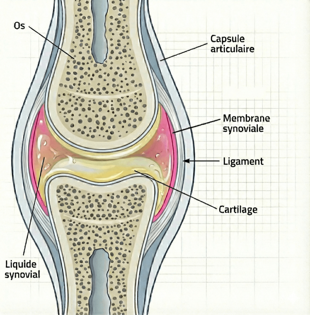 Structure d'une articulation synoviale : cartilage, capsule, liquide synovial, ligaments