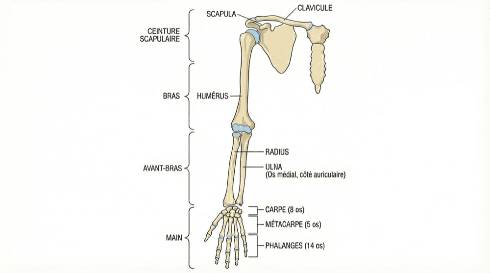 Os du membre supérieur : clavicule, scapula, humérus, radius, ulna