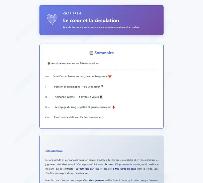 Première page du cours Anatomie — Le cœur et la circulation