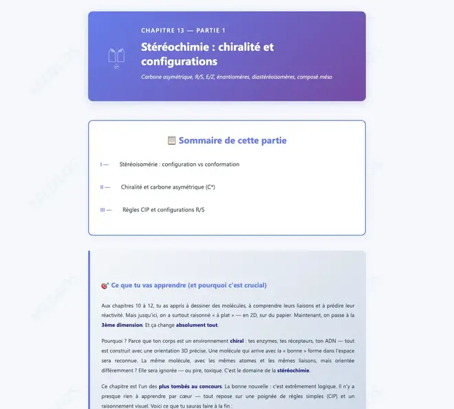 Première page du cours Chimie — Stéréochimie : chiralité et configurations
