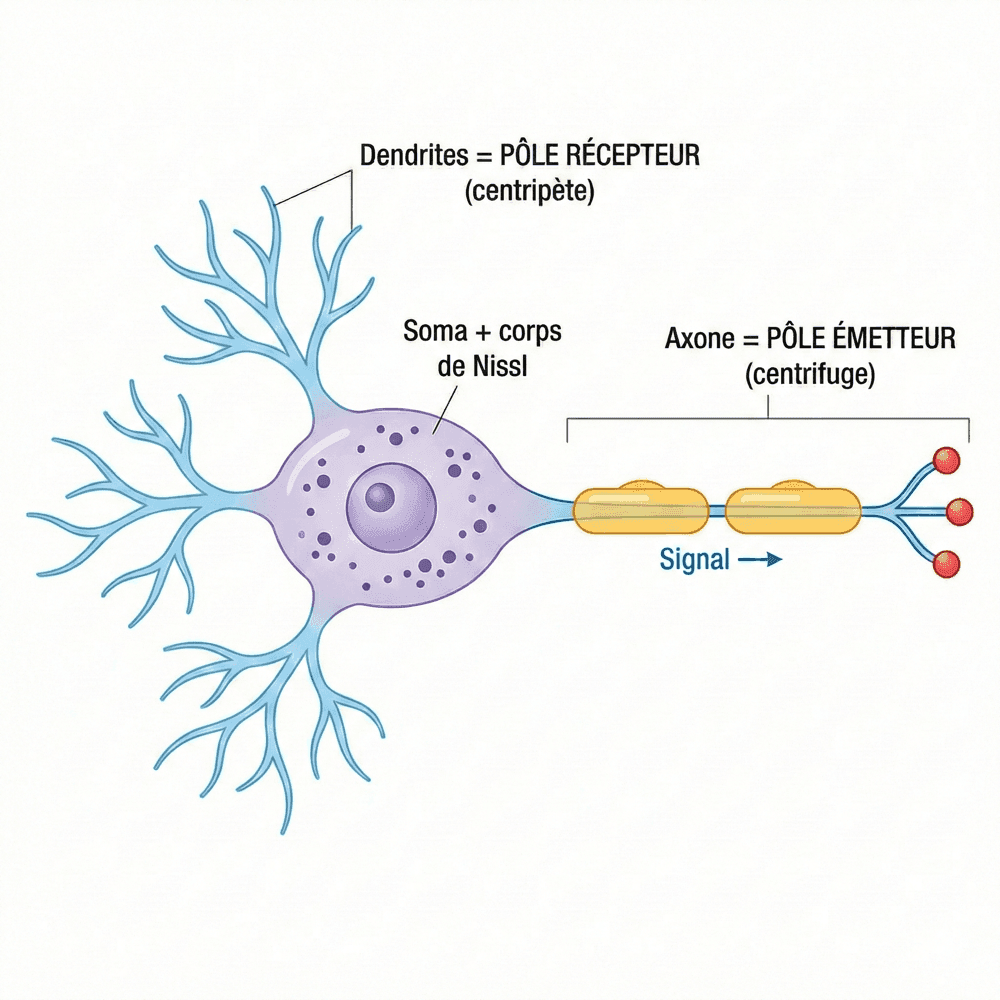 Structure d'un neurone : dendrites, corps cellulaire, axone, gaine de myéline