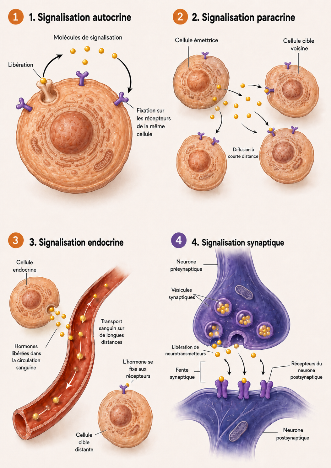 Les 4 modes de signalisation : autocrine, paracrine, endocrine, synaptique