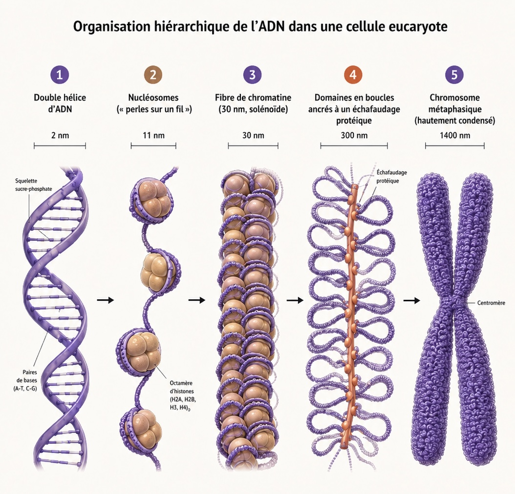 Les niveaux de compaction de l'ADN : double hélice, nucléosome, fibre, chromosome