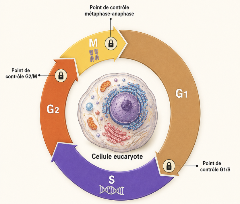 Le cycle cellulaire : G1, S, G2, M et les 3 points de contrôle
