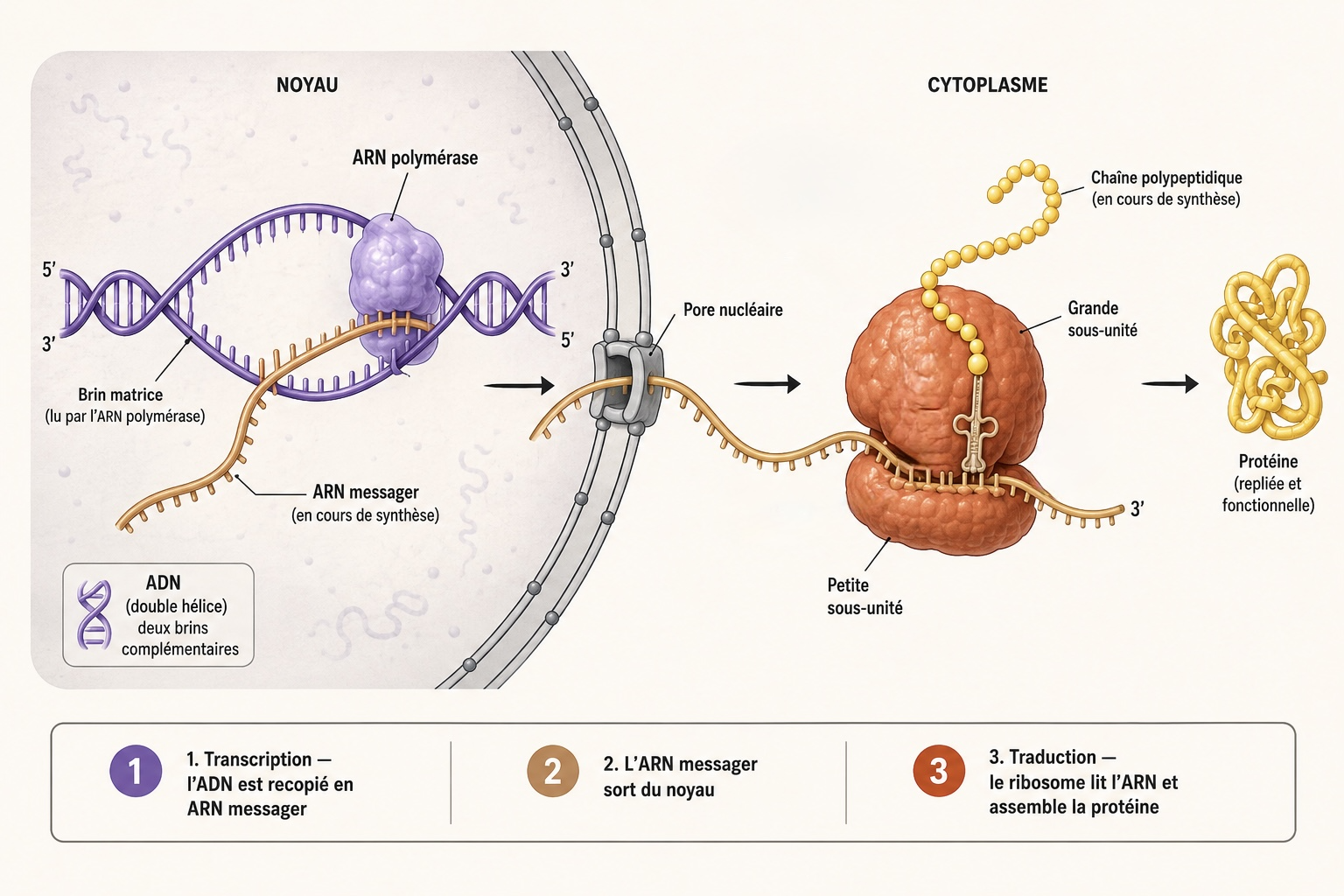 Le dogme central : ADN transcrit en ARN messager, traduit en protéine par le ribosome