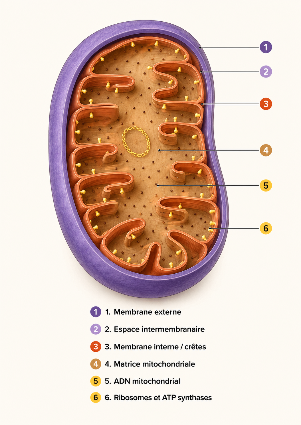 La mitochondrie en coupe : double membrane, crêtes, matrice, ADN circulaire