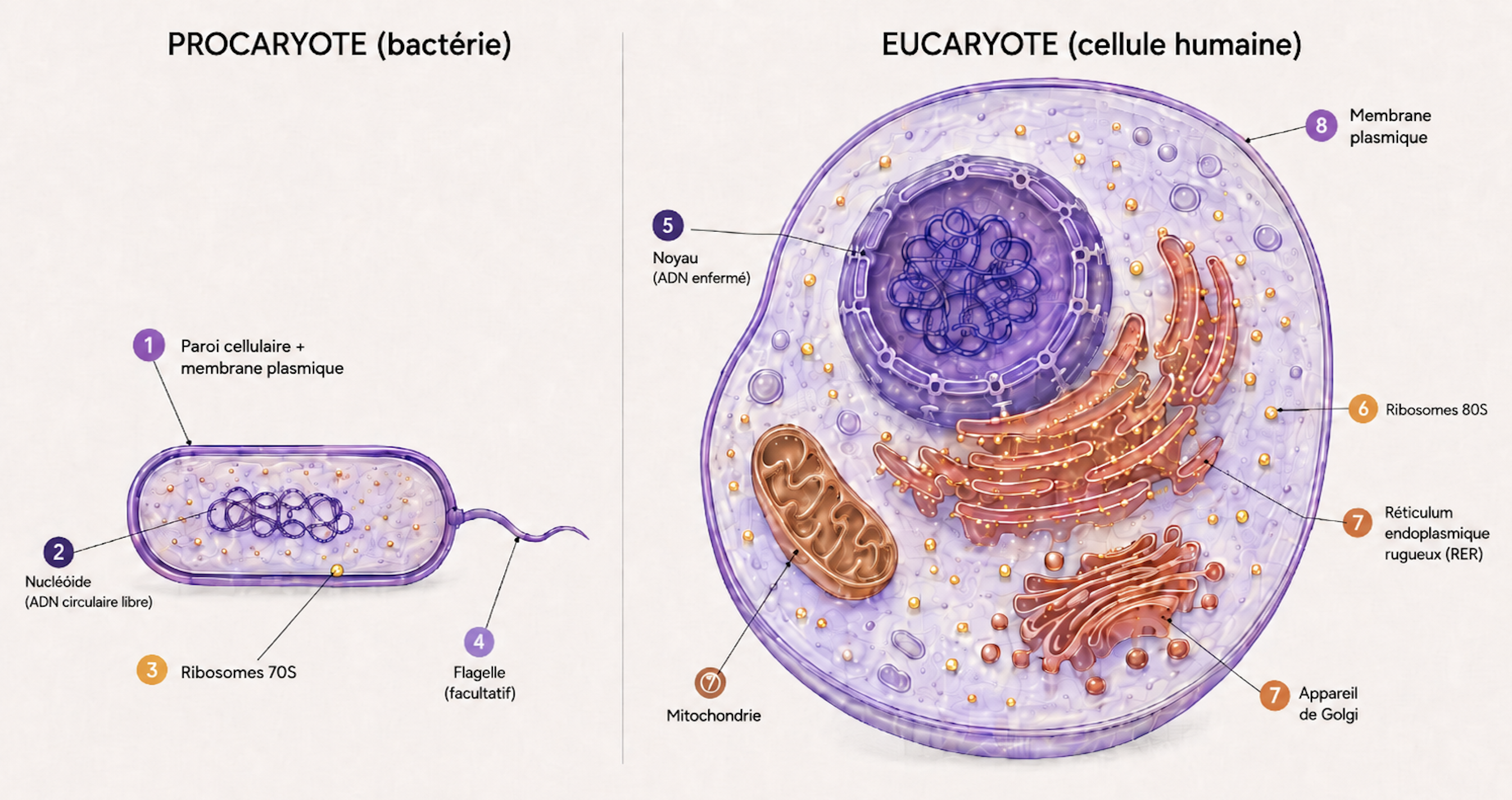 Cellule procaryote vs eucaryote : nucléoïde sans membrane vs noyau enveloppé