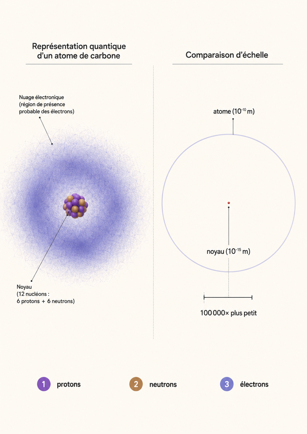 L'atome : noyau central (protons + neutrons) et nuage d'électrons, 99,9999 % de vide
