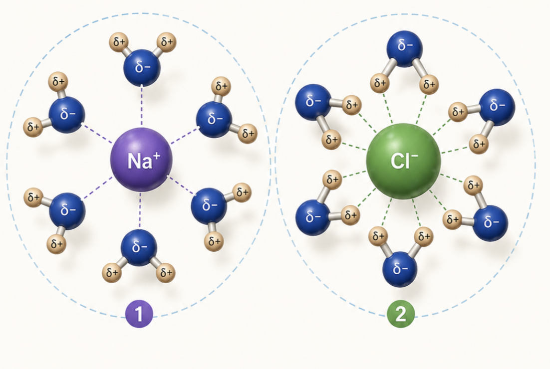 La solvatation du sel : les ions Na⁺ et Cl⁻ entourés chacun par une coquille de molécules d'eau