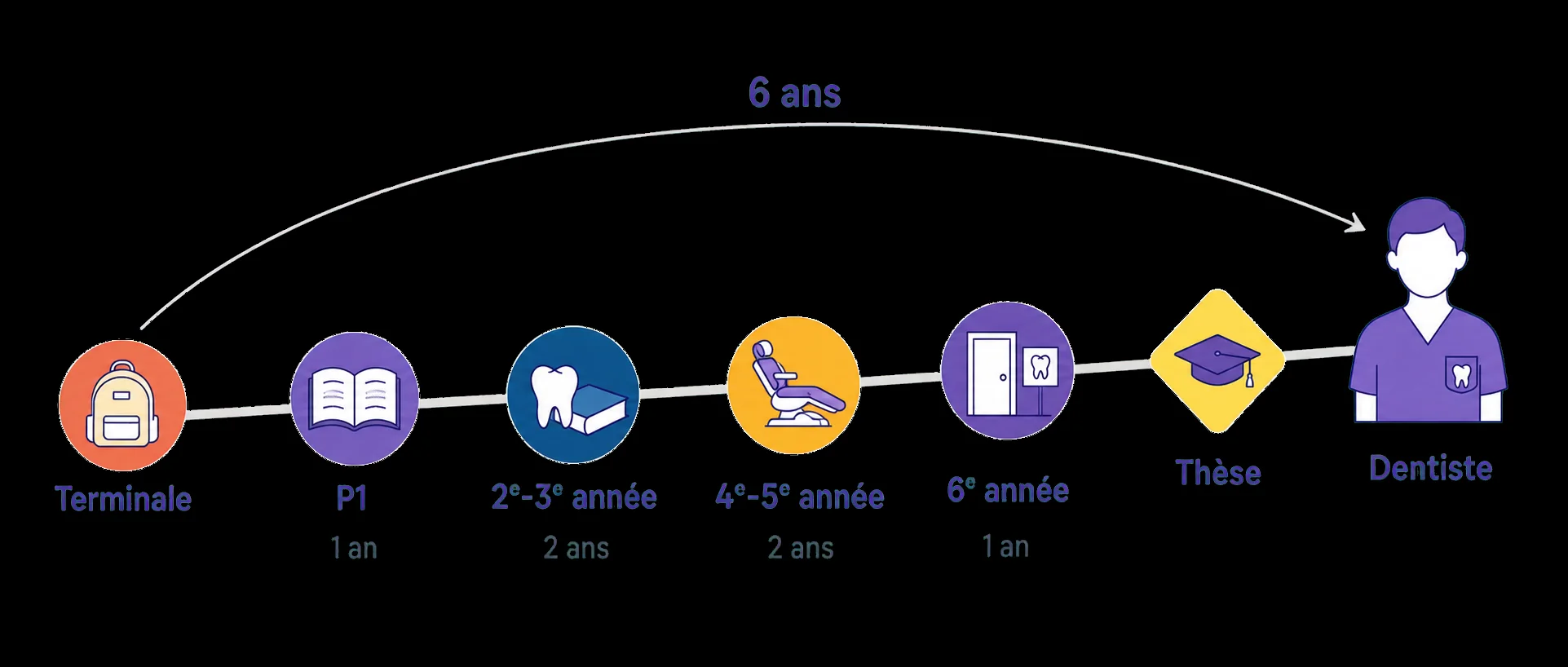 Chemin montant de la Terminale au dentiste : P1 (1 an), 2e-3e année (2 ans), 4e-5e année cliniques (2 ans), 6e année (1 an), losange thèse — arc « 6 ans ».