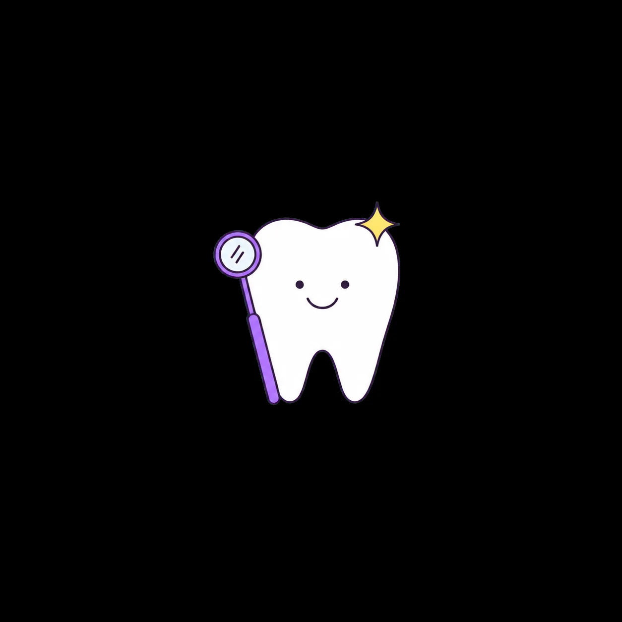 Une dent souriante stylisée avec un petit miroir de dentiste violet appuyé contre elle.