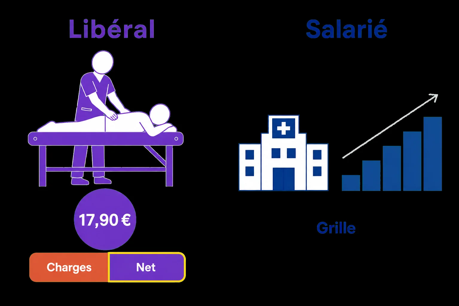 Deux petites scènes : à gauche le libéral (kiné penché sur une table de soins, pièce de 17,90 €, barre charges/net) ; à droite le salarié (hôpital et escalier de grille).