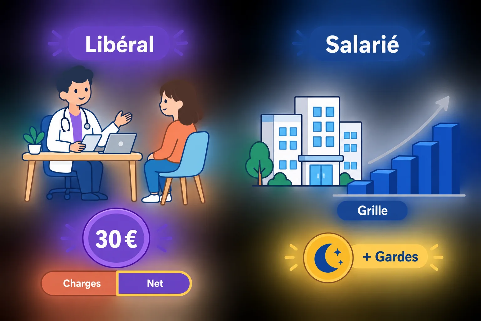 Deux petites scènes : à gauche le libéral (médecin et patient, pièce de 30 €, barre charges/net) ; à droite le salarié (hôpital, escalier de grille, pastille gardes).