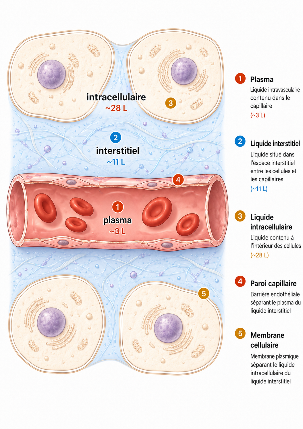 Les trois compartiments de l'eau corporelle : intracellulaire, interstitiel, plasma