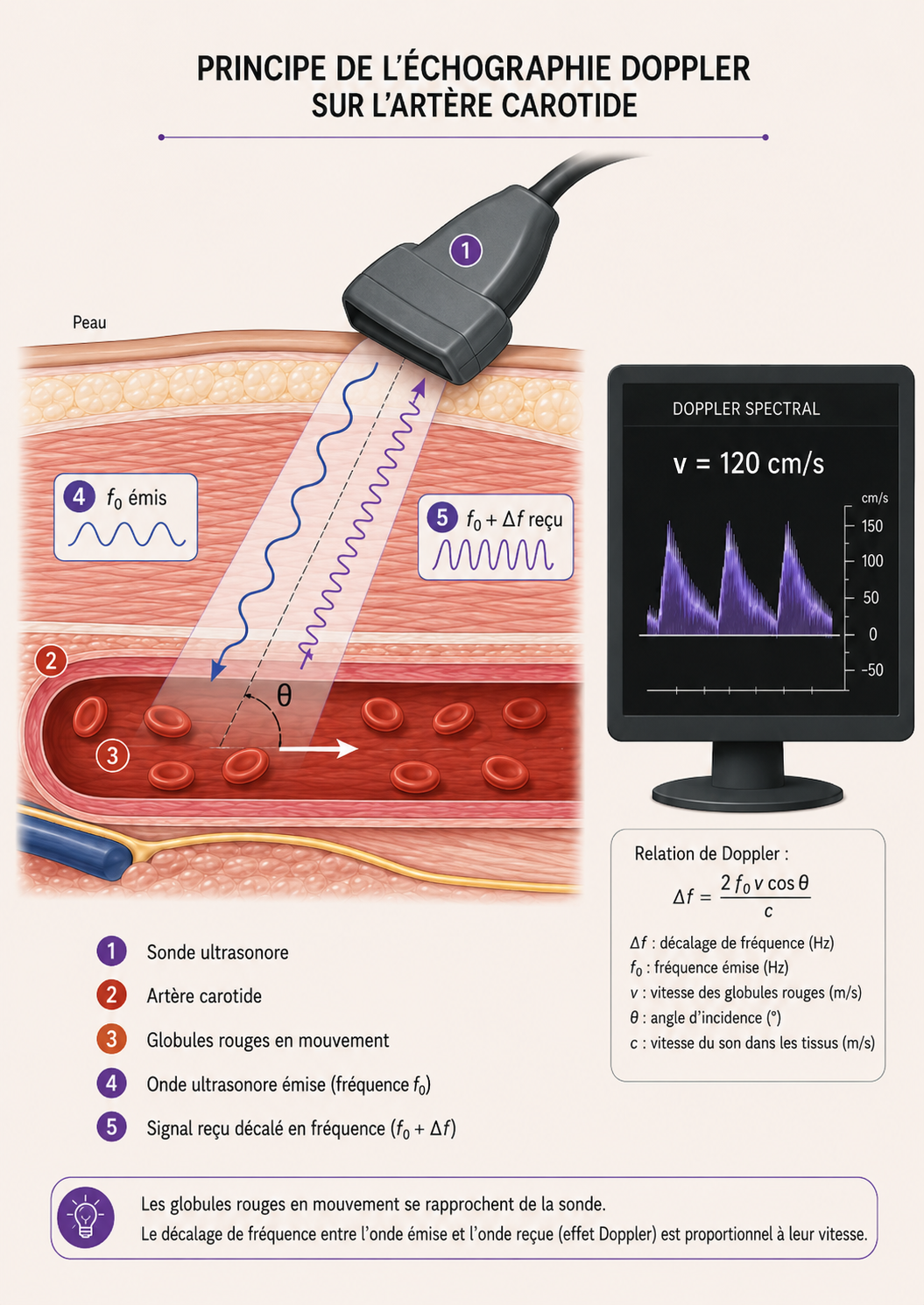 L'effet Doppler vasculaire : sonde sur la carotide, onde émise et écho décalé en fréquence