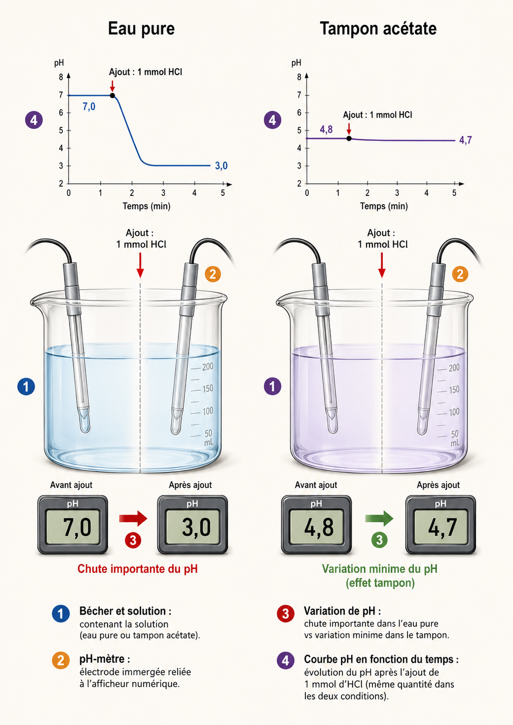Effet tampon : eau pure dont le pH s'effondre vs solution tampon dont le pH reste stable